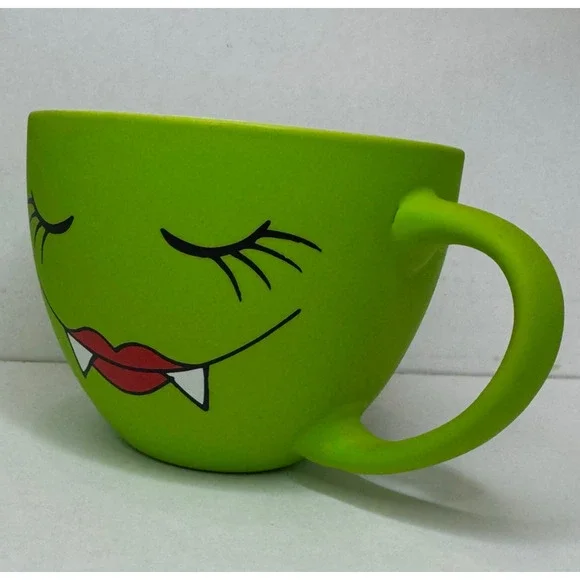 Cobwebs & Cauldrons Green Vampire Face Mug Halloween Cup Fangs Lips Ceramic 4.5” - Picture 3 of 11